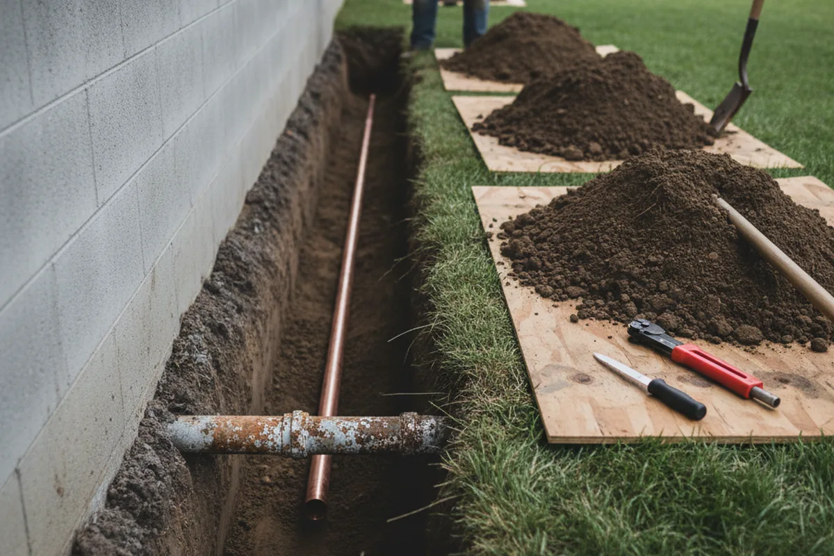 Excavated water line trench during Water Softener Installation in Fleetwood